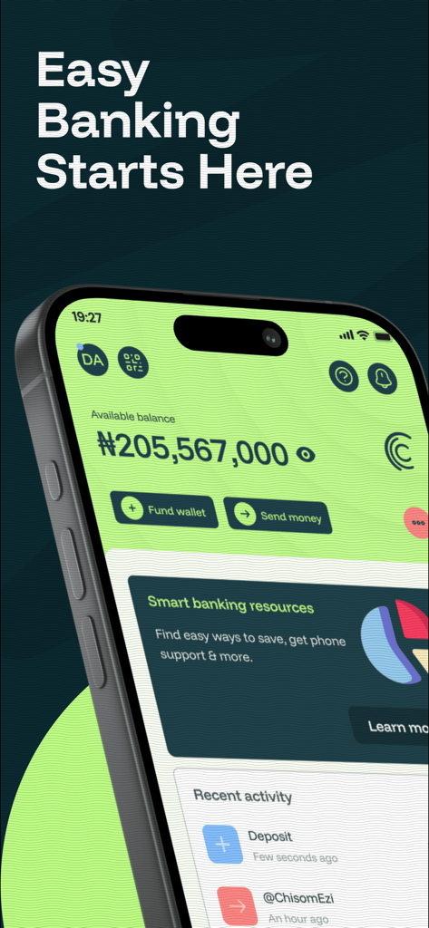 Casha: Mobile Banking - A smartphone displaying the Casha mobile banking app dashboard with the headline Easy Banking Starts Here showing available balance and quick transaction buttons