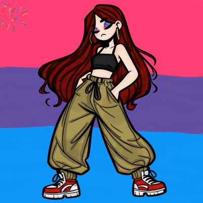 girl in baggy pants crop top and long hair