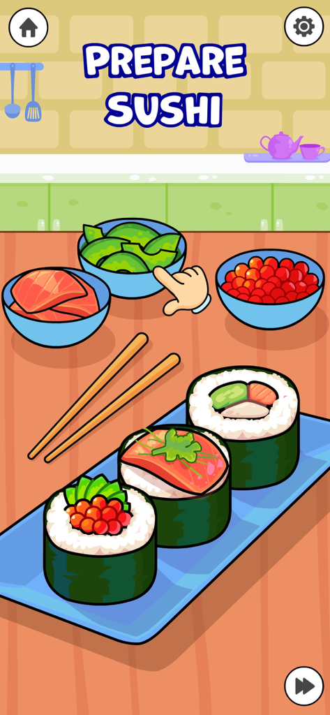 Toddler Cooking Games for Kids - A child's cooking game screen showing sushi rolls and ingredients with the text Prepare Sushi
