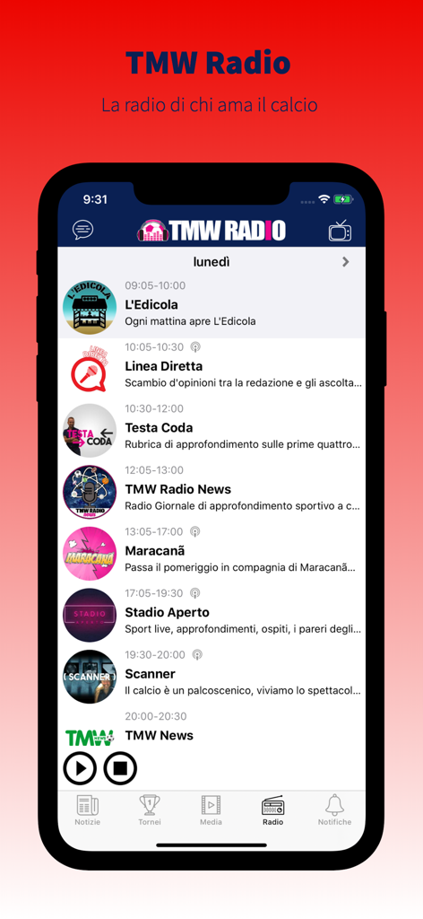 Canale TMW Genoa - TMW Radio daily programming schedule for football fans in the Canale TMW Genoa mobile app.