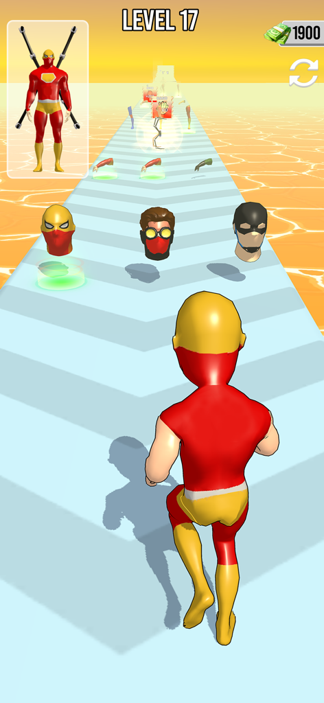 Un personaje superhéroe corriendo en una pista y recogiendo partes del cuerpo en el juego móvil Crea Un Superhéroe