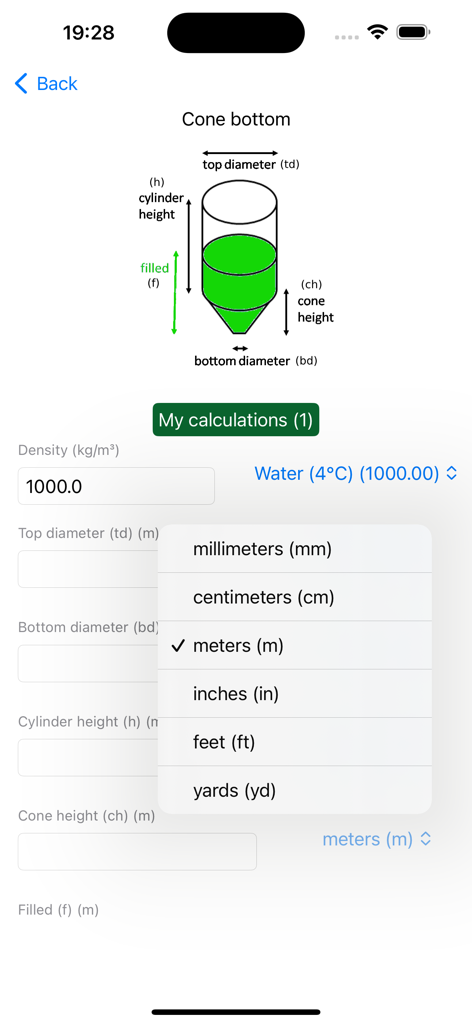 Tank Measure: Volume Calc - Tank volume calculation interface for a cone bottom tank with a unit selection menu