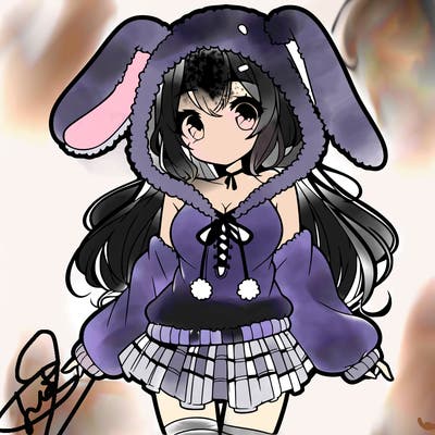 pretty anime girl wearing a fluffy hoodie with bunny ears on the hood and a skirt