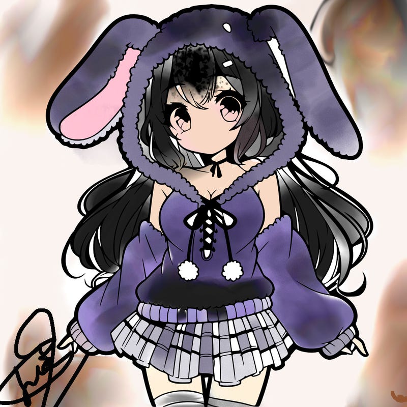 pretty anime girl wearing a fluffy hoodie with bunny ears on the hood and a skirt