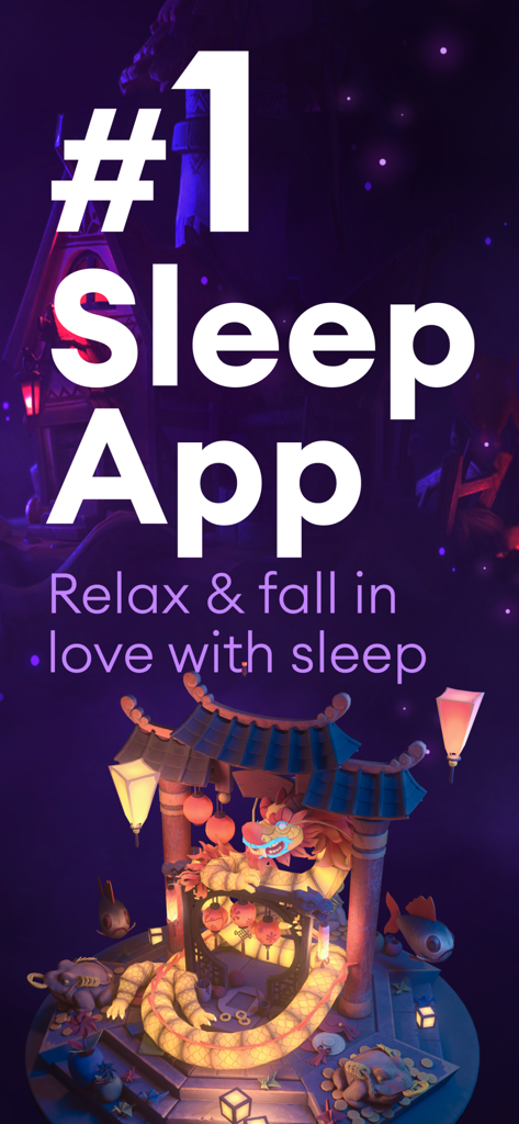 Loóna: Sleep, reduce anxiety - Loona sleep app promotional screen featuring a glowing dragon and lanterns in a whimsical 3D scene