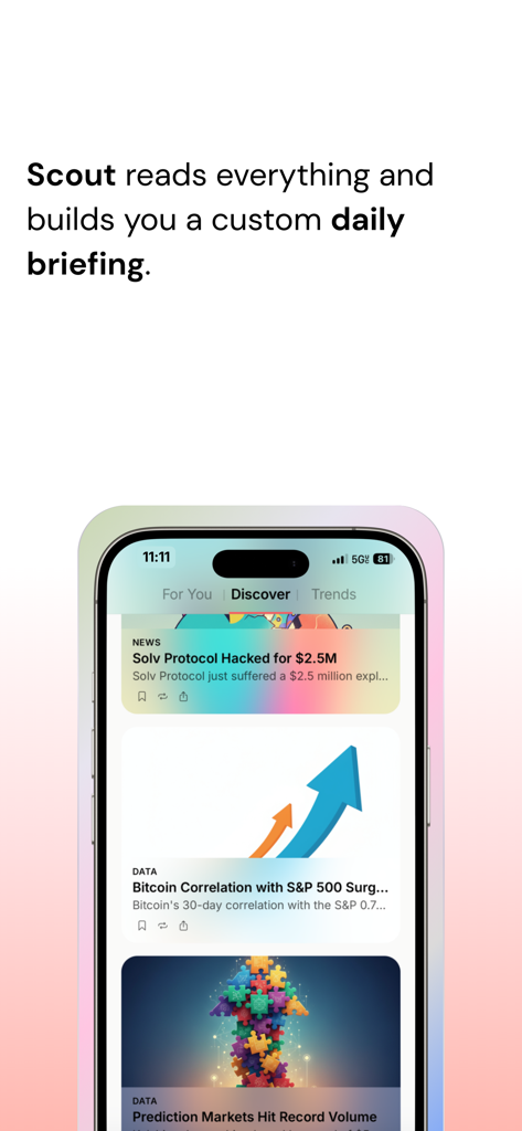 Scout: Your Daily Brief - Scout mobile app news feed showing curated daily briefings on business and technology