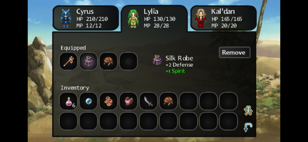 Écran de gestion de l'inventaire et de l'équipement dans le RPG mobile 7 Stories montrant les statistiques du personnage et les descriptions des objets.