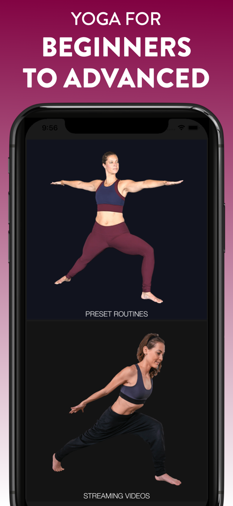 Simply Yoga - Simply Yoga app interface showcasing yoga routines for beginners to advanced levels including preset and streaming videos.