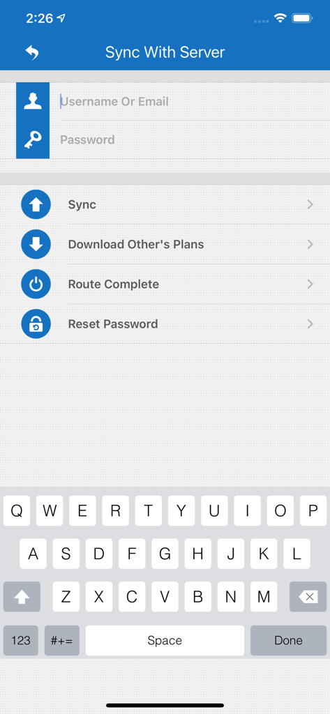 Encompass Mobile App sync with server screen showing username and password login fields and route completion options.
