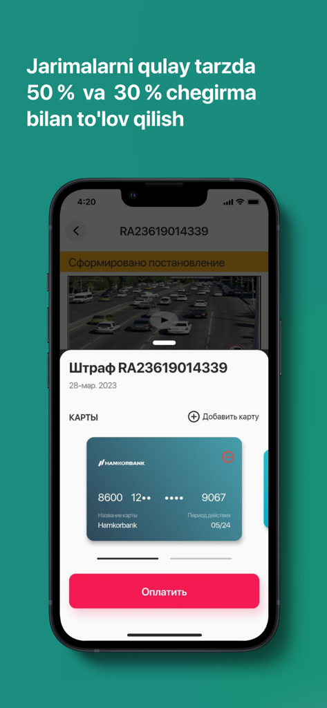Road24 jarimalar tekshirish - Road24 app screen showing a traffic fine payment with a 50 percent discount and Uzcard payment option