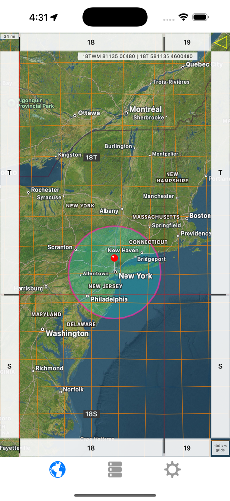 Captura de tela do aplicativo Radius on Map mostrando um círculo rosa sobre Nova York e linhas de grade técnicas