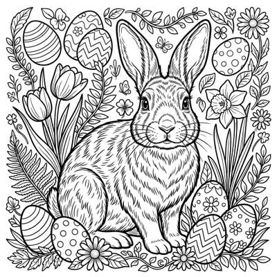 Celebrate the arrival of spring and Easter with this beautifully detailed coloring page featuring a lifelike Easter bunny. Surround yourself with intricate patterns of eggs, blossoms, and lush foliage, perfect for an engaging artistic adventure.