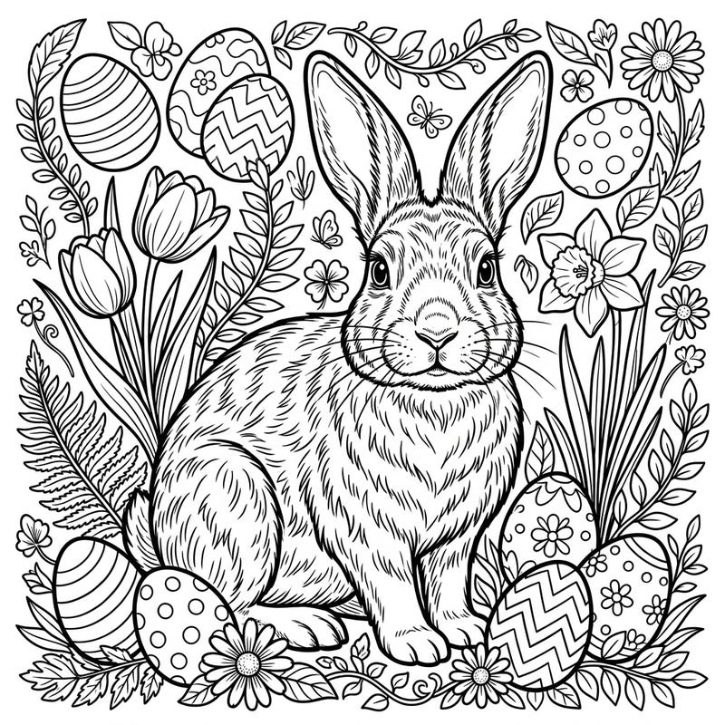 Celebrate the arrival of spring and Easter with this beautifully detailed coloring page featuring a lifelike Easter bunny. Surround yourself with intricate patterns of eggs, blossoms, and lush foliage, perfect for an engaging artistic adventure.