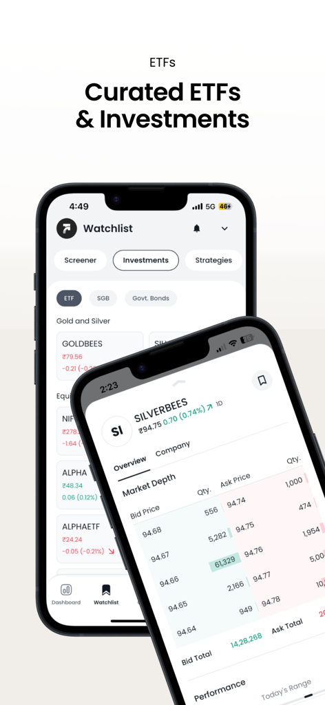 Firstock mobile app screens showing curated ETF investments and real-time market depth data