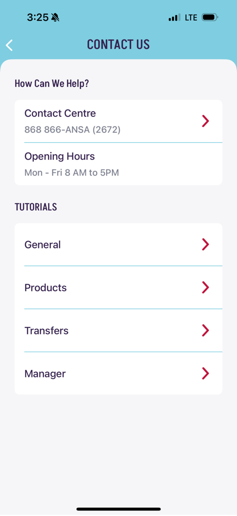 ANSA Bank Mobile - Pantalla de Contacto de la aplicación ANSA Bank Mobile que muestra el número de teléfono de soporte, horario de atención y enlaces a tutoriales para ayuda general, productos y transferencias.