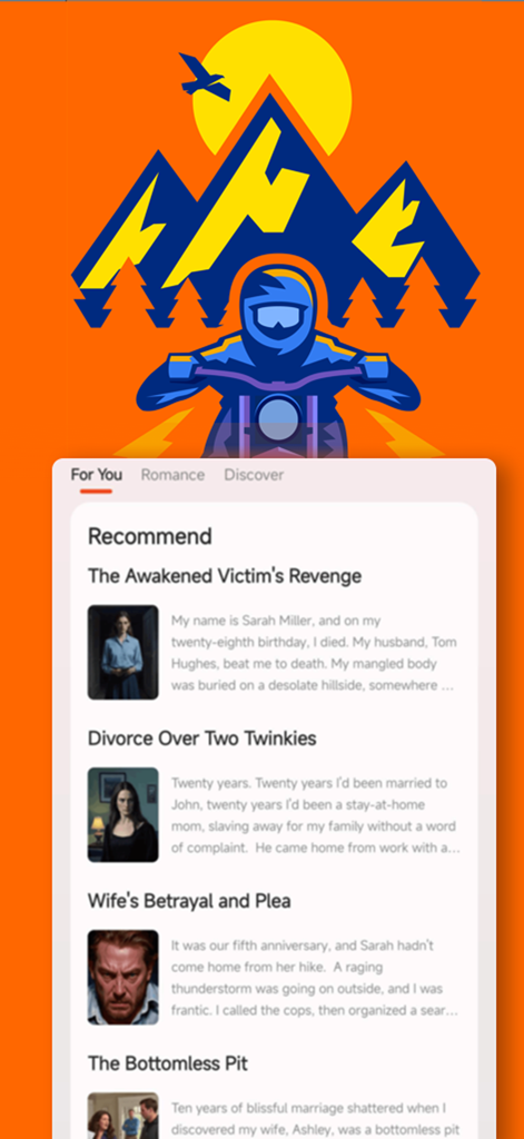 Pantalla de la aplicación MotoNovel mostrando historias de drama y romance recomendadas en la pestaña Para ti.