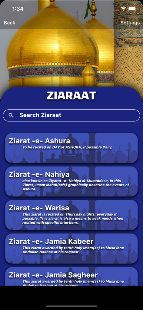 Ascension (Islamic App) - Shia - Ziaraat section of the Ascension Shia Islamic app featuring a list of prayers including Ziarat-e-Ashura