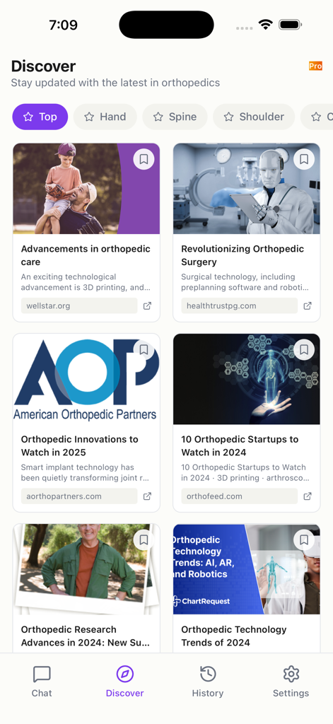 Ortho AI - AIMD - The Discover screen of the Ortho AI app showing a feed of curated orthopedic medical research and industry news articles.
