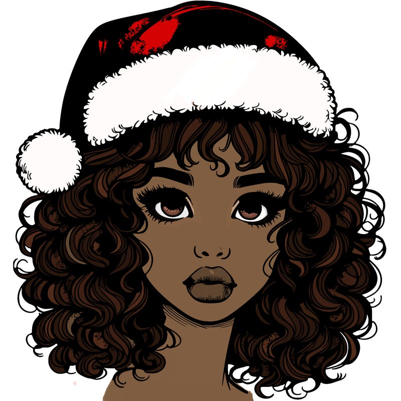 realistic girl with a santa hat curly hair and lips