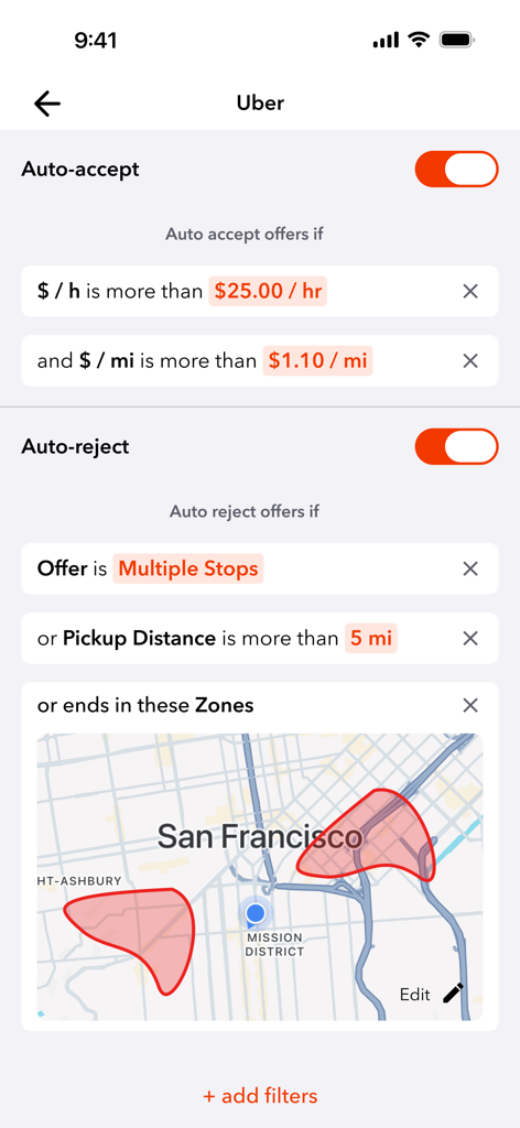 Interface de l'application Mystro Driver affichant les filtres personnalisés pour les offres Uber à acceptation et rejet automatiques