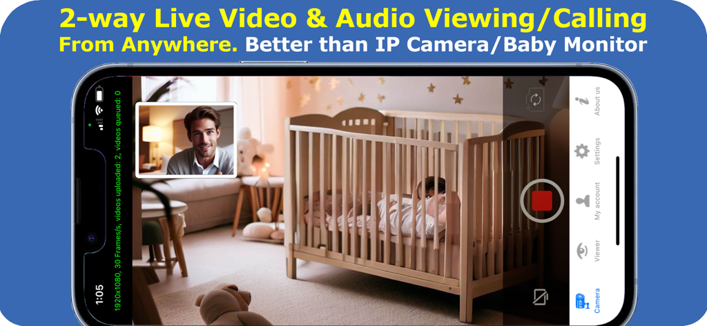 Mobile Security Camera - Smartphone screen showing two-way live video and audio monitoring of a baby in a crib using the Mobile Security Camera app.