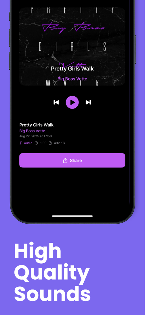 Interface do reprodutor de áudio do aplicativo ClipSave exibindo uma faixa MP3 de alta qualidade salva com controles de reprodução e botão de compartilhamento