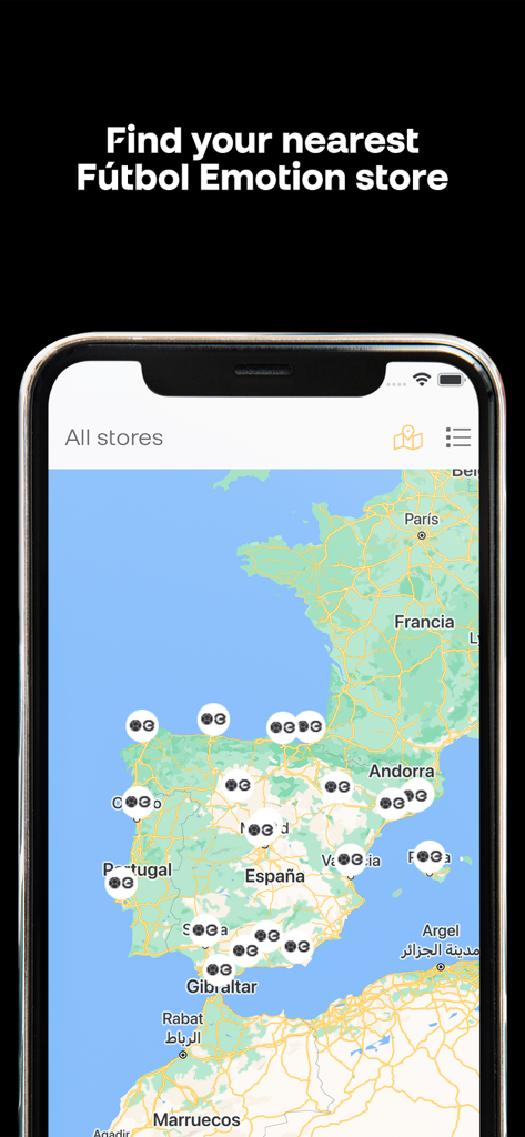 Fútbol Emotion - Mobile app interface of the Futbol Emotion store locator feature showing a map with store pins.