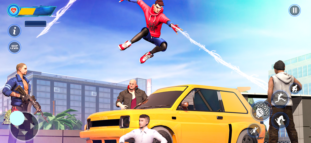 Flying Spider: Superhero Games - Gameplay of a spider hero swinging through a city to fight gangsters near a yellow car.
