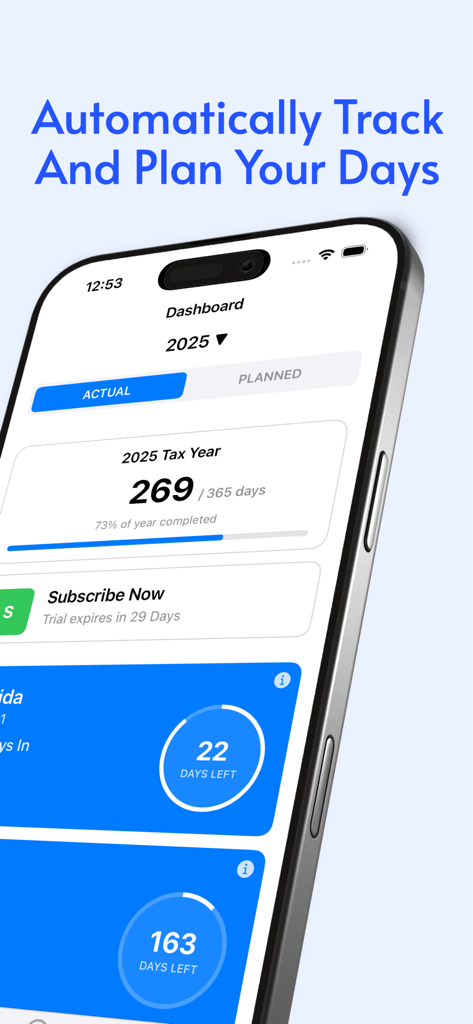 iReside - Residency Tracker - iReside app dashboard showing automatically tracked residency days and remaining days for tax purposes on an iPhone screen