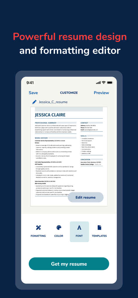 Mobile interface of MyPerfectResume Builder showing resume customization tools like font and color settings