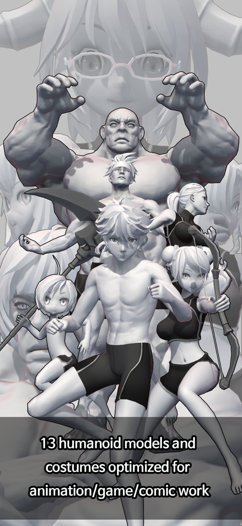 A display of diverse 3D humanoid models with various body types for comic and animation reference in the Easy Pose app.