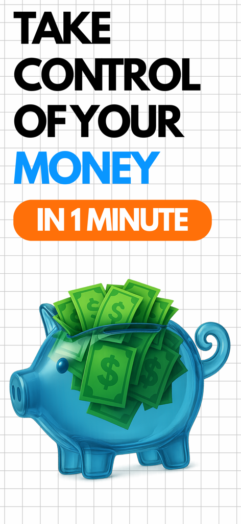 Glass piggy bank with dollar bills and budget tracking headline