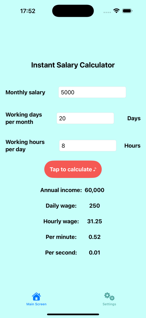 Interface of the Instant Salary Calculator app showing a breakdown of earnings from annual income down to per-second wages.