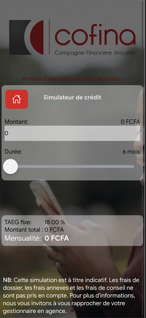 Cofina Mobile + - Cofina Mobile app credit simulator screen showing loan amount and duration options.
