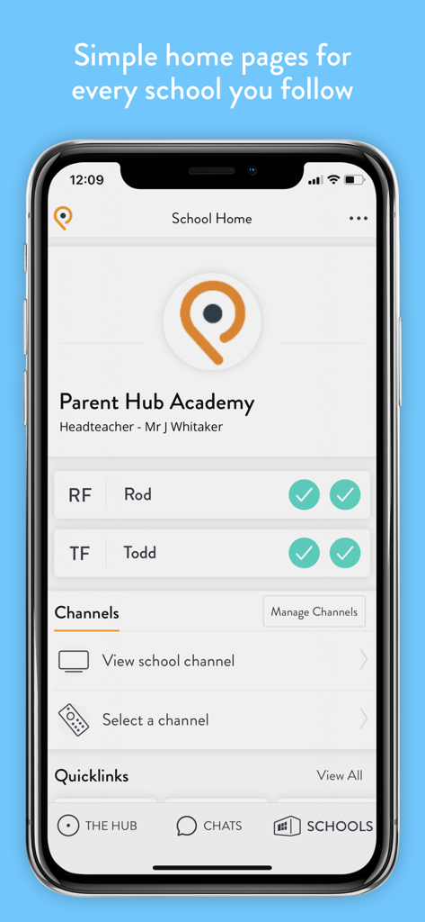 Parent Hub - Parent Hub app interface showing the school home page for Parent Hub Academy with student profiles and communication channels