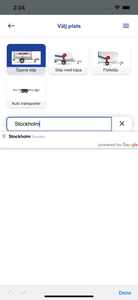 Schermata dell'app mobile per OKQ8 Släp che mostra diversi tipi di rimorchio come rimorchi aperti e per traslochi con una barra di ricerca della posizione per Stoccolma