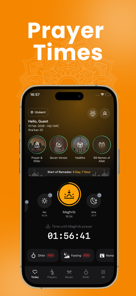 Ramadan Calendar 2026: Safa - Safa app dashboard displaying prayer times with a countdown to Maghrib