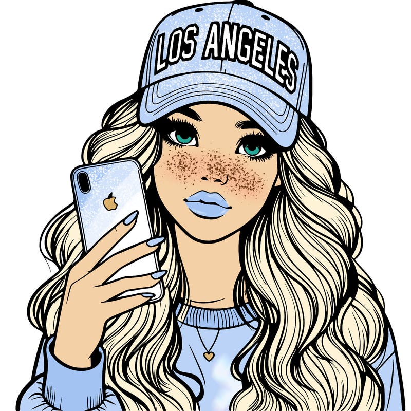 realistic beautiful girl wearing los ángeles cap holding an iphone