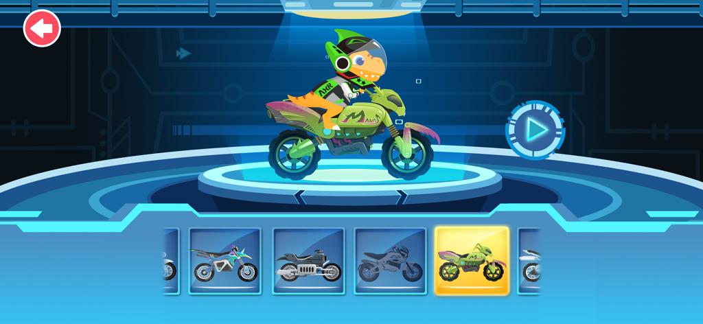 A cartoon dinosaur character on a green dirt bike in a futuristic customization screen for a kids racing game.