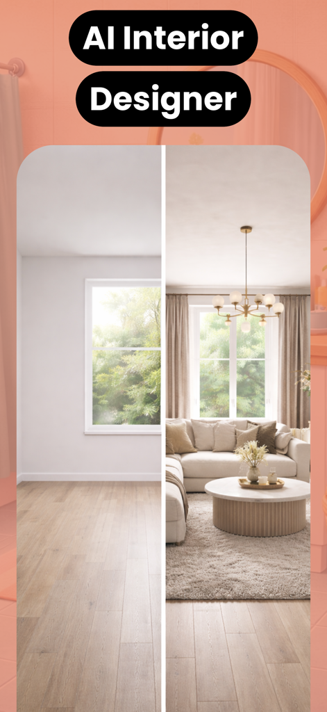 Homeora: AI Room Design - Split screen showing an empty room versus a fully furnished living room transformed by AI interior design software.