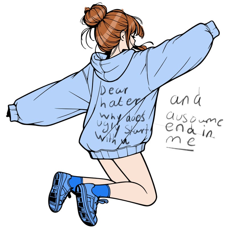 realistic girl jumping with a bun and oversized sweatshirt