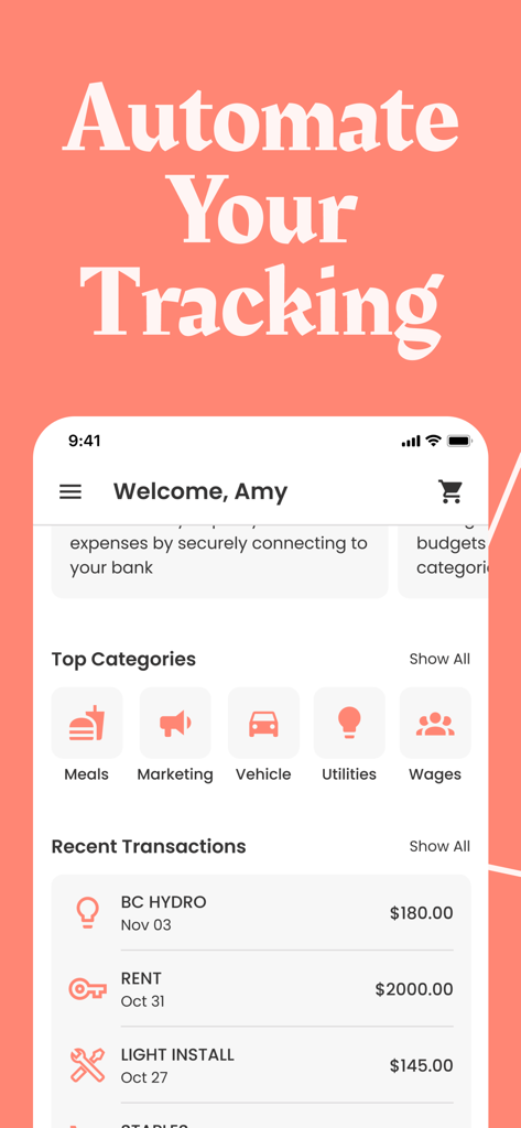 TrulySmall Business Expenses - TrulySmall Business Expenses app dashboard showing automated tracking of recent transactions and expense categories