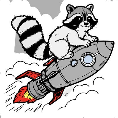 realistic raccoon flying on top rocket ship