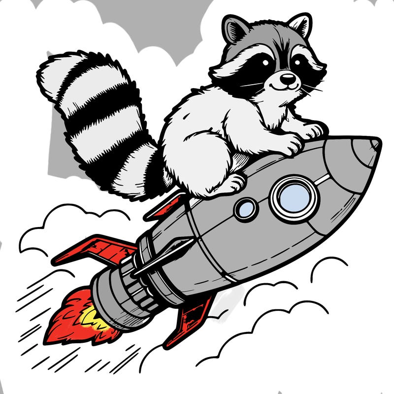 realistic raccoon flying on top rocket ship