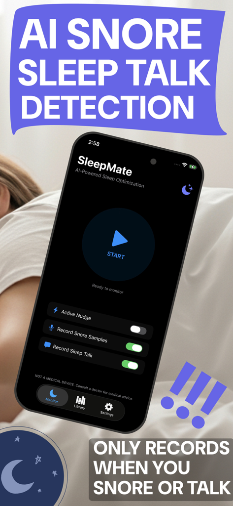 SleepMate: Record Your Snoring - Smartphone screen showing the SleepMate app with options to start monitoring and record snoring or sleep talking.