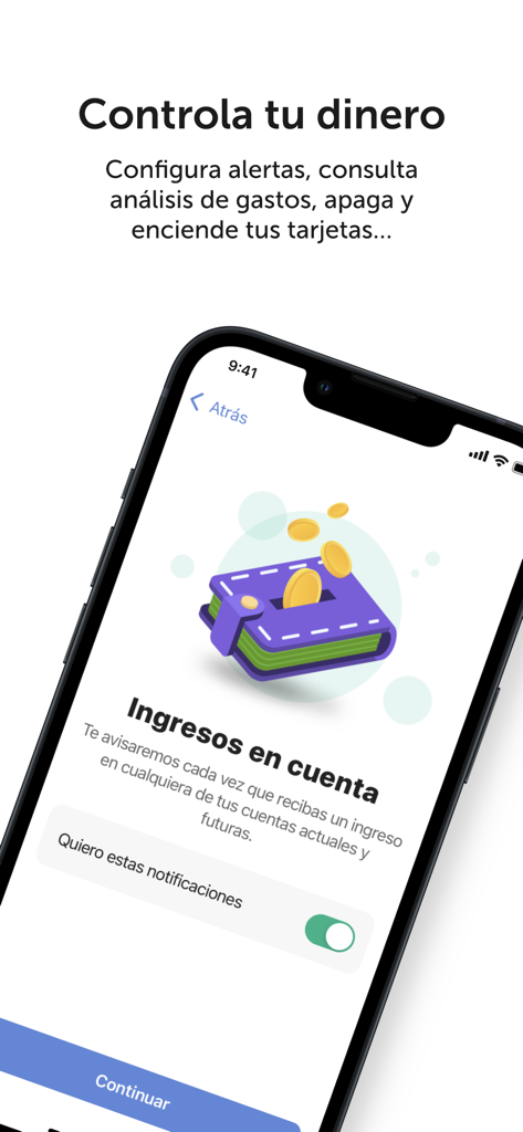 ABANCA - Mobile Banking - ABANCA mobile app screen showing options to control money and set up income notifications