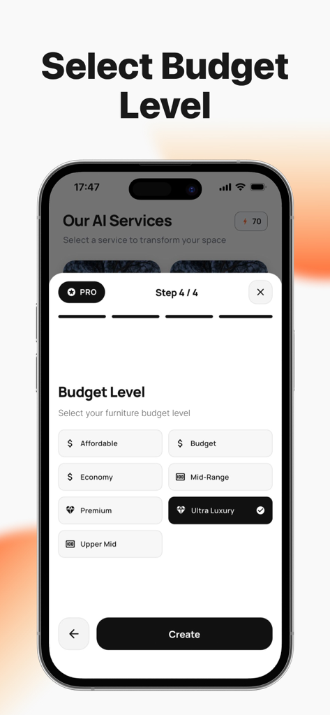 Homestyler: AI Room Planner - A mobile app interface for selecting a furniture budget level in the Homestyler AI room planner.