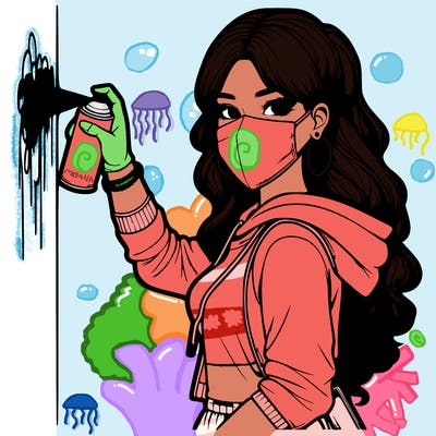 realistic girl with mask spray painting a wall