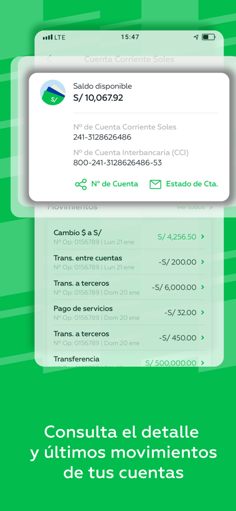 Interfaz de la aplicación Interbank Empresas mostrando el saldo de la cuenta y las transacciones recientes en Soles.