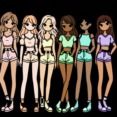 a group of girls wearing crop tops and shorts